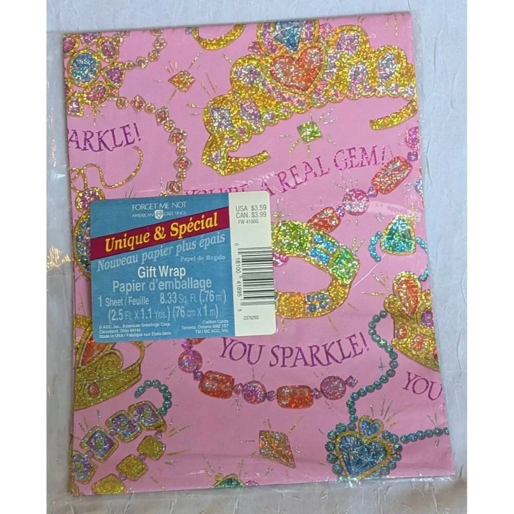 2 NOS American Greetings Gift Wrapping Paper Prismatic You're A Gem Glitter Vtg